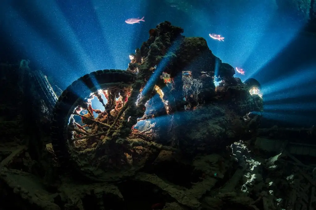 A backlit photo of a British World War II BSA M20 motorbike inside Hold 2 of the wreck of the Thistlegorm, with Red Sea soldierfish. Sha'ab Ali, Red Sea. Sinai, Egypt.