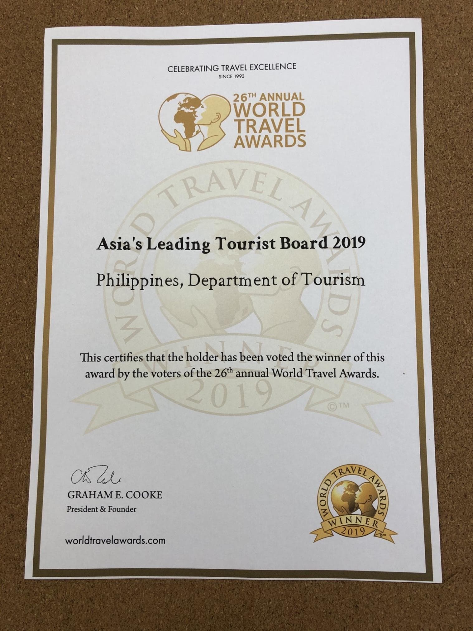 World Travel Awards 2019 Certificate