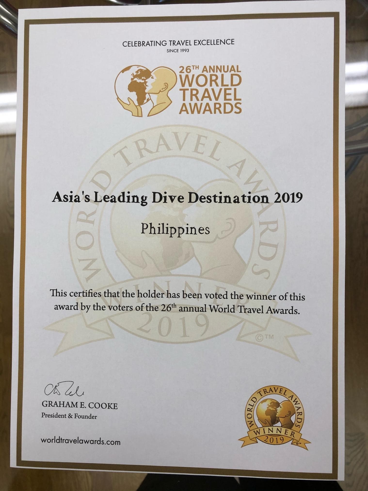 Asia's leading dive designations 2019 award certificate