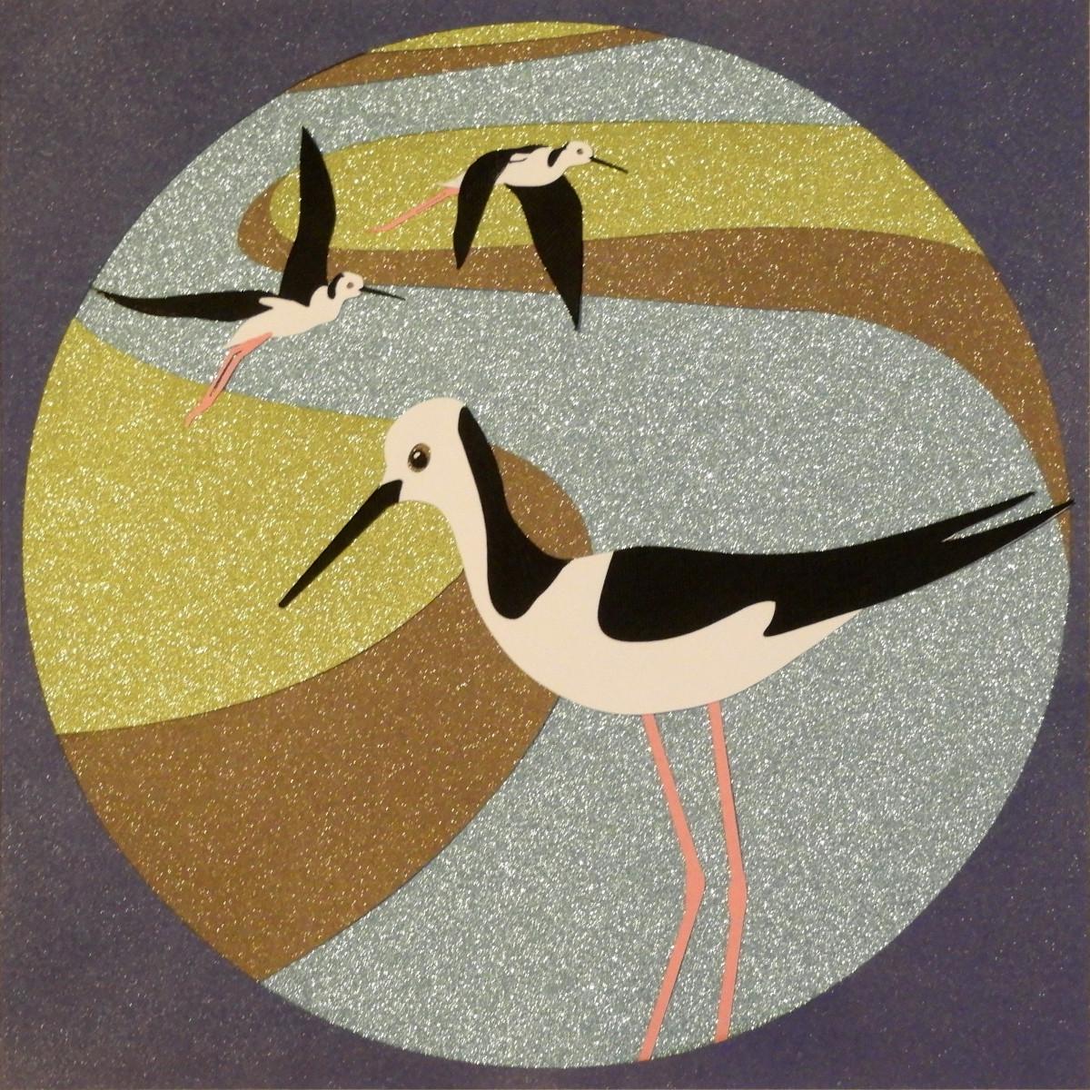 Pied stilts paper collage Dan Monceaux