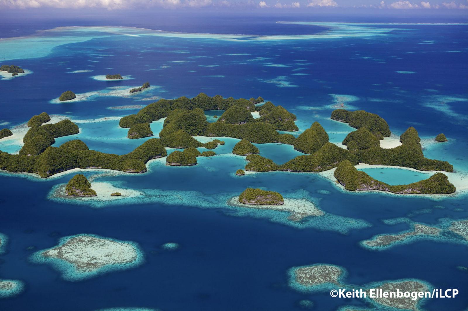 The Ngerukewid Islands or Seventy Islands are Palau's iconic island landscape symbolizing pristine beauty. The Seventy Islands (literally translated from Palau's name Ngerukuid meaning seventy). These islands are part of the Rock Islands an archipelago that includes approximately 250 to 300 islands in the group. The Islands were in part formed from limestone of accent coral reefs and coral uprisings. The Rock Islands are a World Heritage Site since 2012.