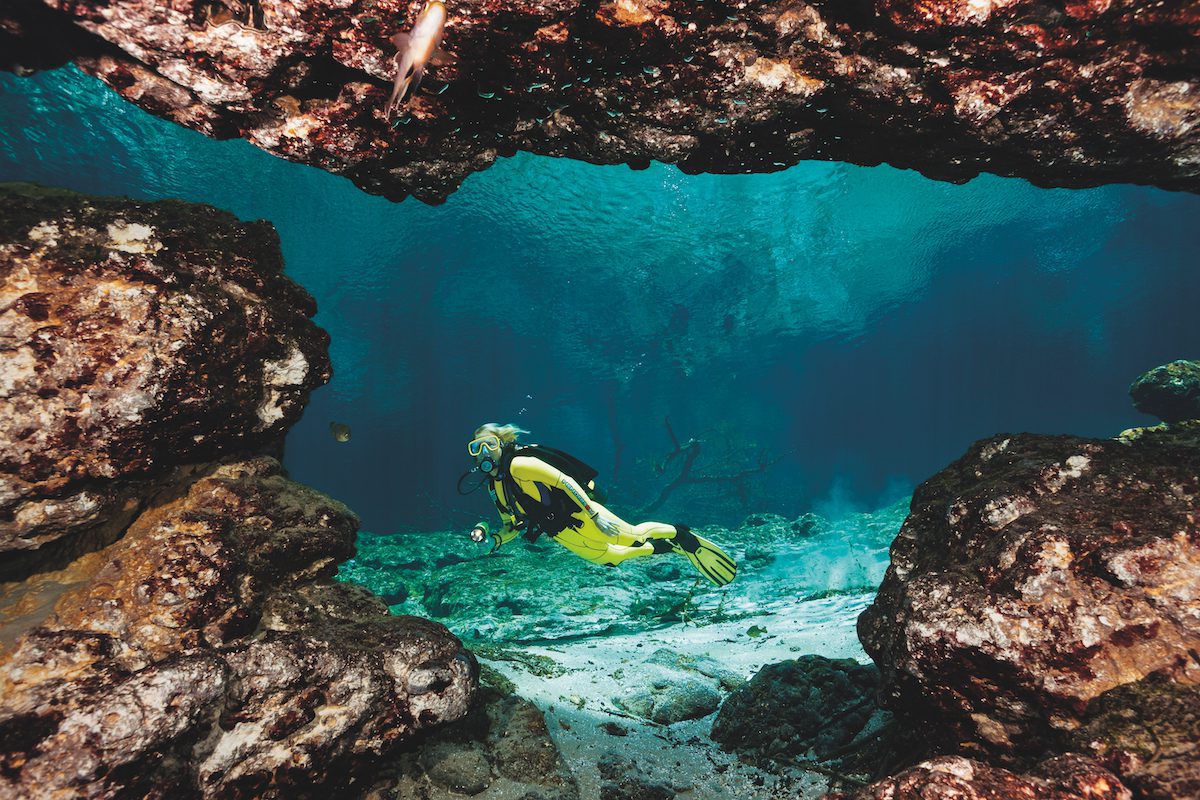 Diver just outside the entrance into Ginnie Springs Ballroom cavern.