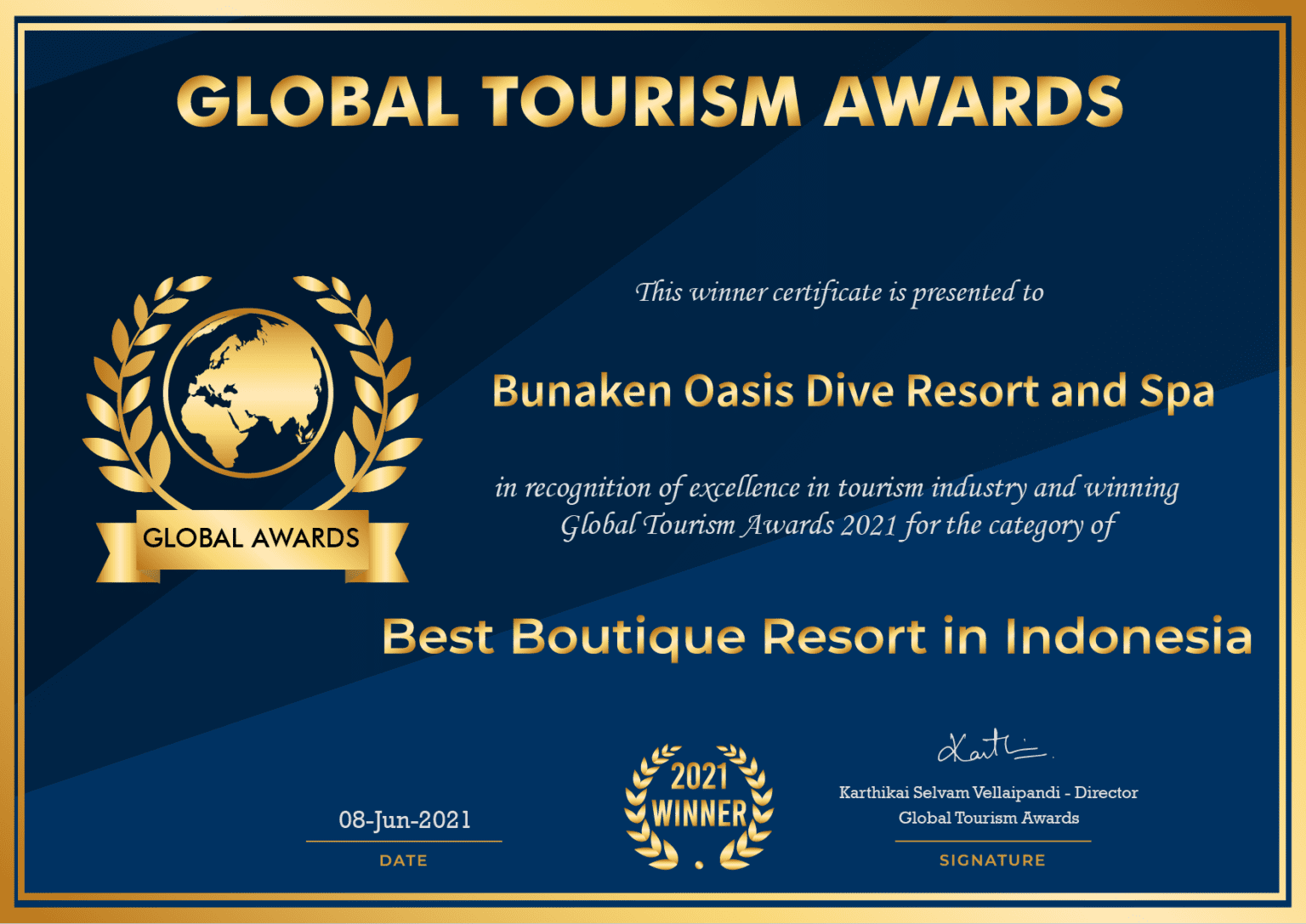 Global Tourism Awards winner certificate