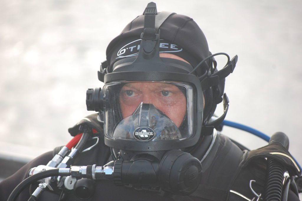 Ross Kemp fully kitted up and ready to dive at Scapa Flow in the Orkney Islands