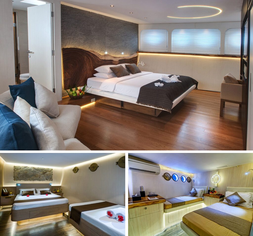 Pelagian master suite stateroom (top), superlux sabin (lower left) and standard cabin (lower right).