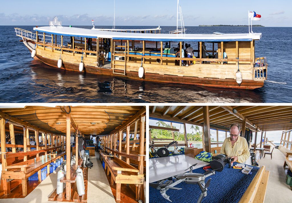 Wakatobi dive boats are about space and comfort with each measuring approximately 20m/67 feet in length, with a 4.5m /14.7 ft wide beam ensuring guests have loads of elbow room. In addition to being very stable on the water, they feature a full-length roof for plenty of cover from the sun.