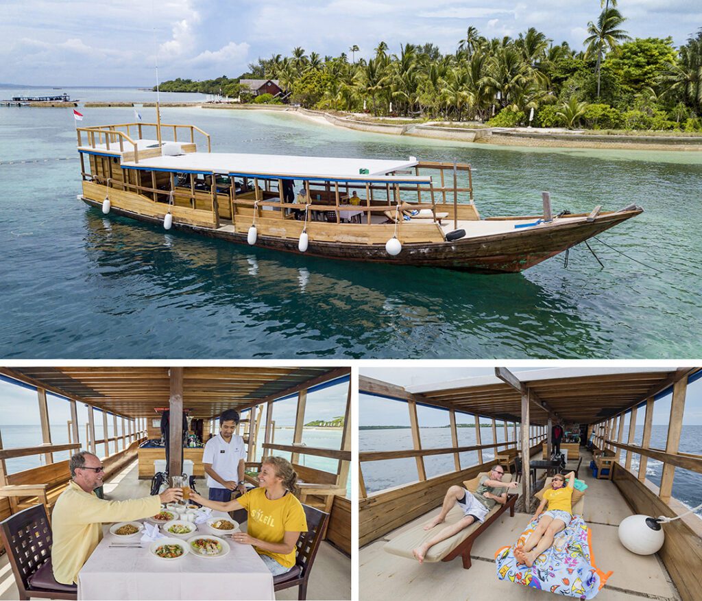 Wakatobi’s dedicated private dive/snorkel boat - Wakatobi VII featuring a super spacious covered deck that includes a shaded dining area and a set of sun lounges on the foredeck.