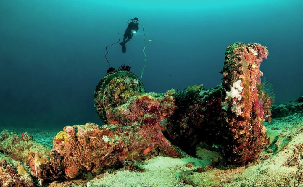 All wartime wreckage is heavily encrusted