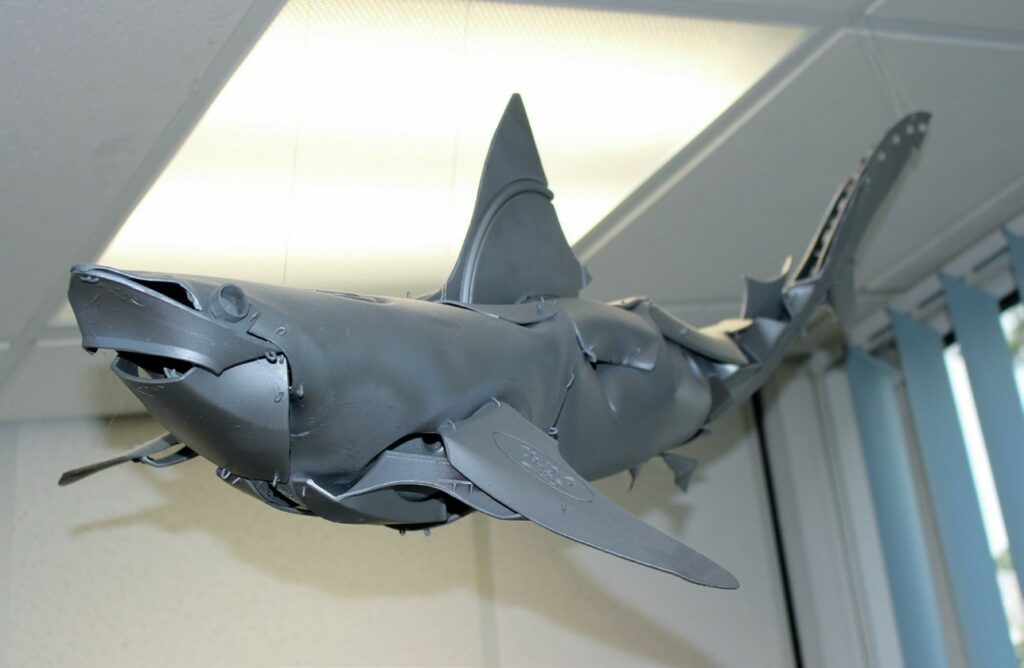Behind the scenes of the Midlands Diving Chamber 6 Shark art suspended in the entrance
