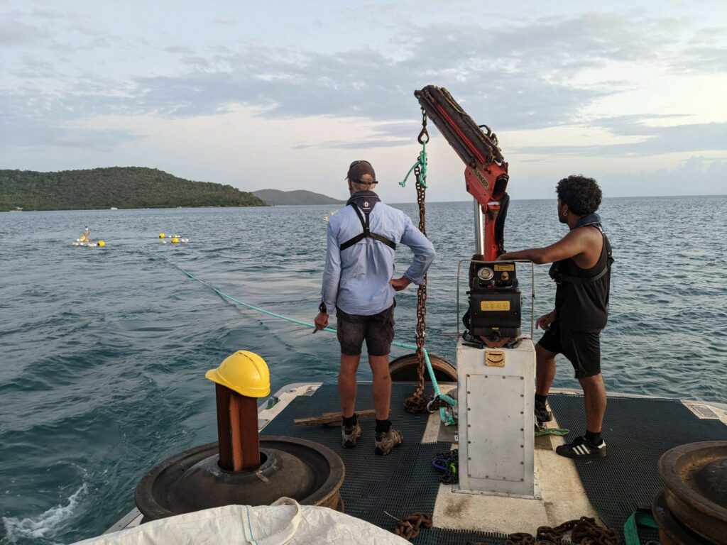 Orpheus Island: Seaweed Biopods being installed. Photo Credit: Australian Seaweed Institute