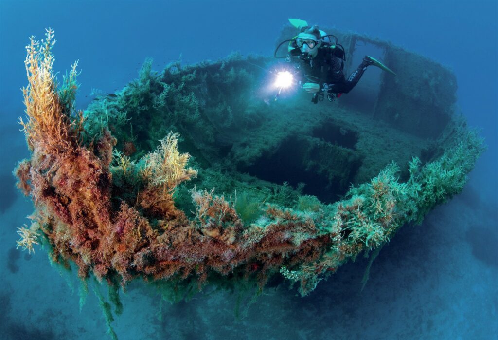 The Liberty is festooned in marine growth