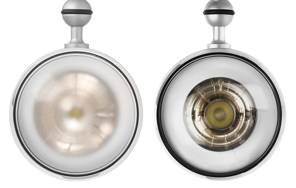 The new Pro Max, Prime + and Pure series (left) feature a new frosted dome front whereas the earlier Pro and Prime models glass dome in the front of the circular flashtube (right) is completely transparent.