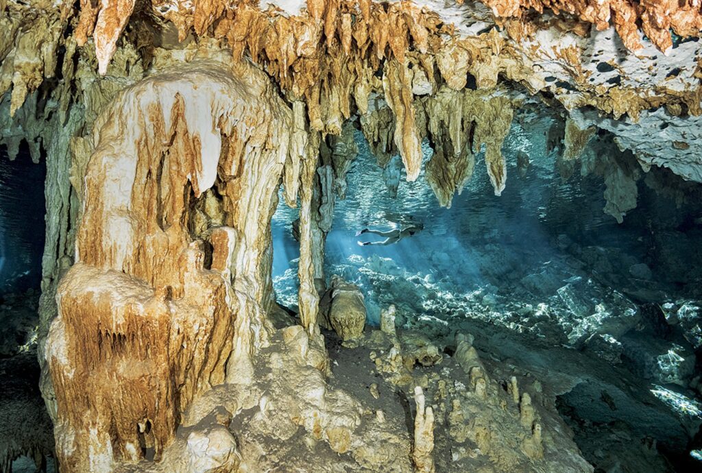 Backed way inside an underwater cavern