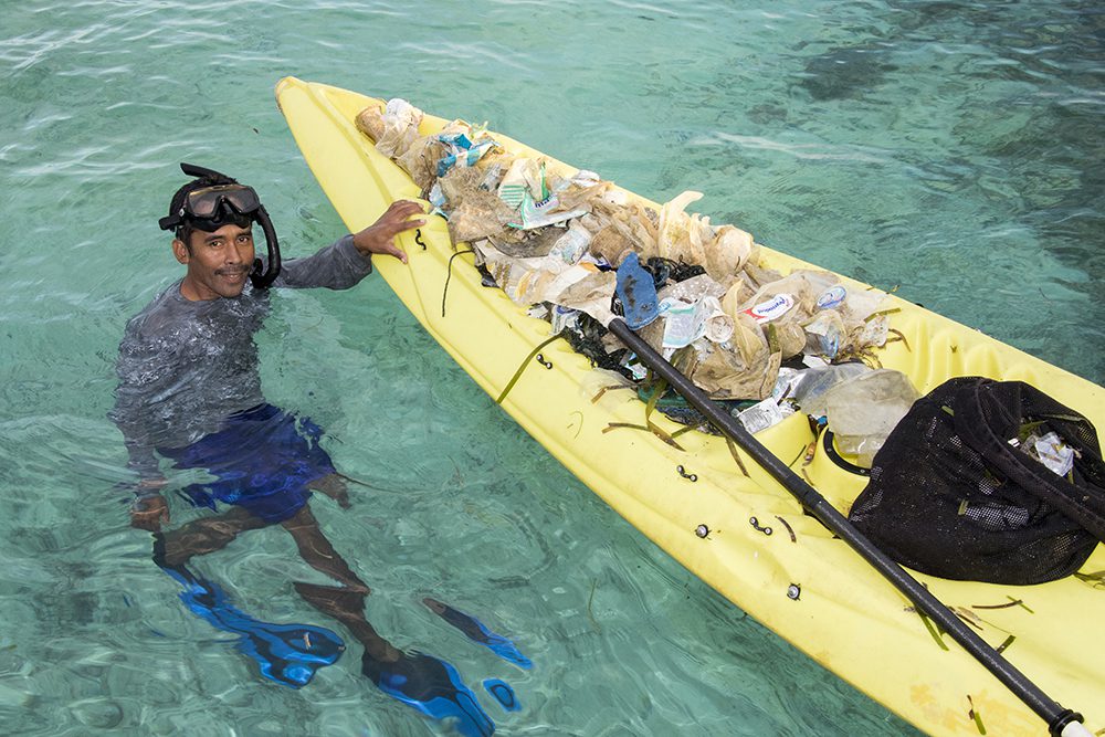 Just because you are in a remote location doesn’t mean you can escape plastic and other debris often coming in from other countries. That’s why Wakatobi is diligent about collecting any trash they see on the reefs and beach which includes debris removal efforts in the shallows of reefs the House Reef.
