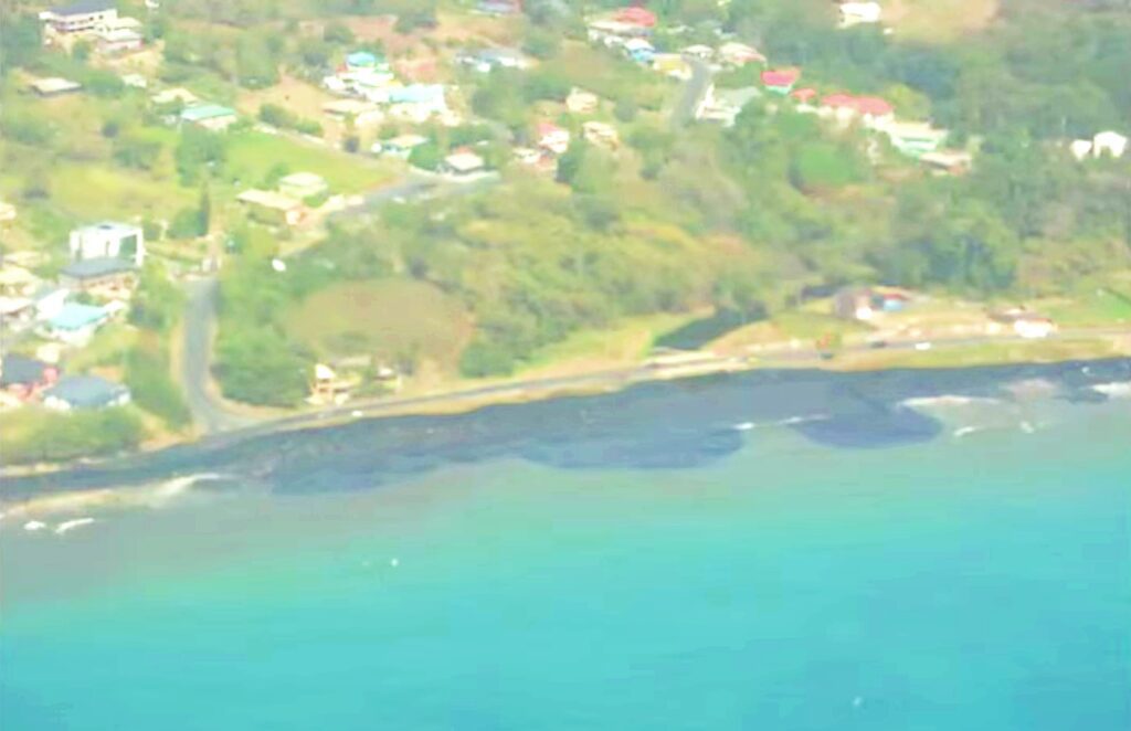 Oil on a section of the Tobago coastline near the barge wreck (Trinidad & Tobago Air Guard)