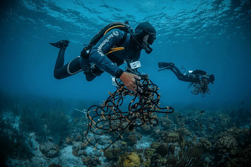 RRFB divers swim with ropes filled with coral at Angel City (Lorenzo Mittiga)