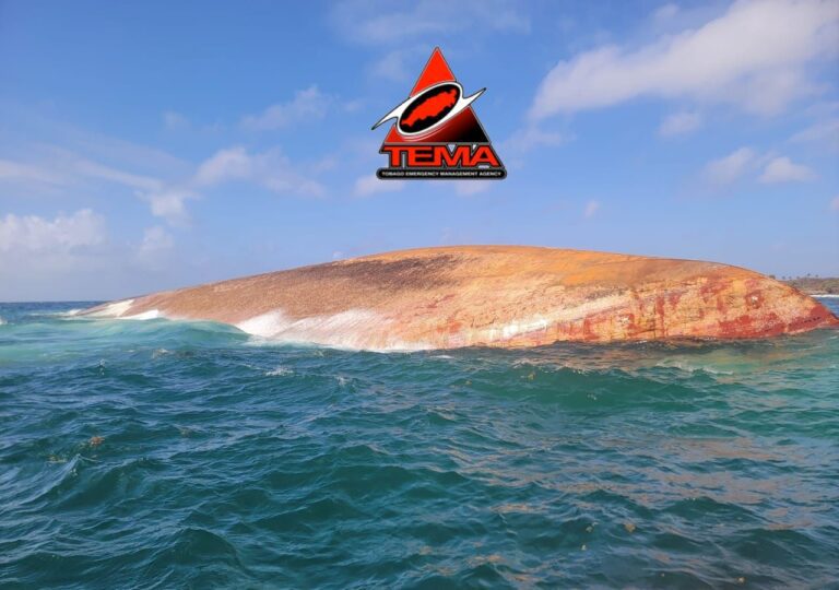 Upturned keel of the leaking shipwreck (Tobago Emergency Management Agency)