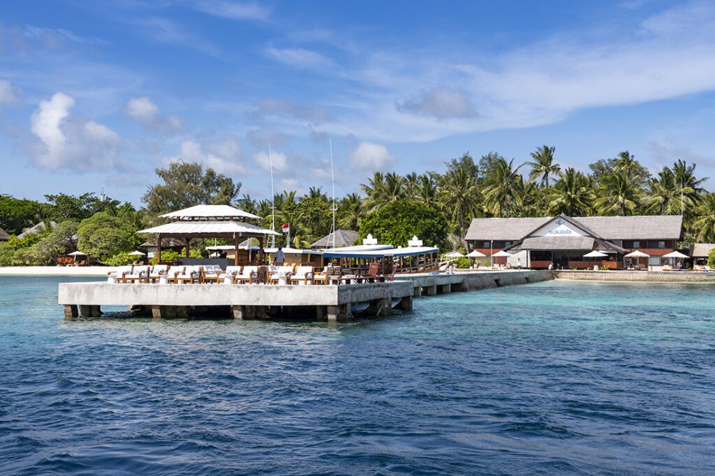 The end of the Jetty at Wakatobi Dive Resorts fronts the drop off of the House Reef.