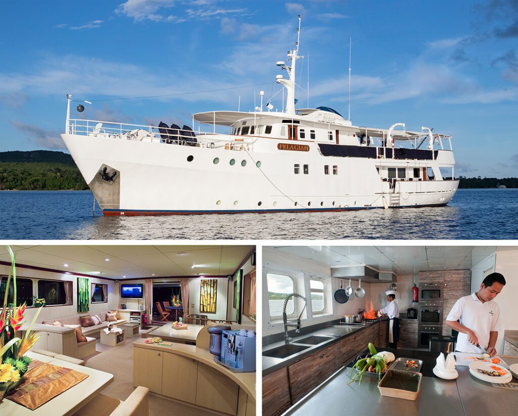 Pelagian Dive Yacht at anchor (top), interior of main salon (lower left), chiefs working in the galley (lower right).