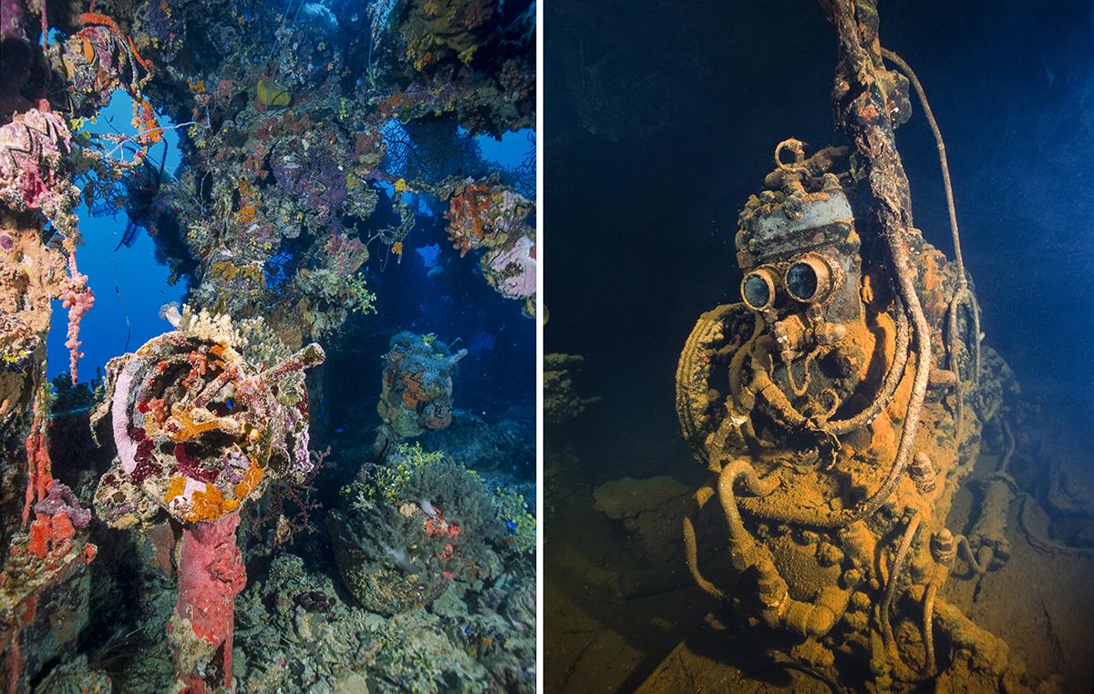 A ship's telegraph (left) and the air compressor nicknamed R2-D2 down in the engine room of the Fujikawa Maru.