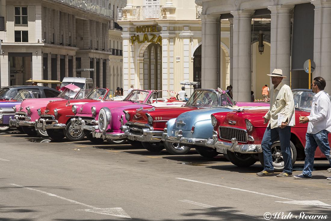 A collection of American made automobiles from the 1950's in downtown Havana, Cuba