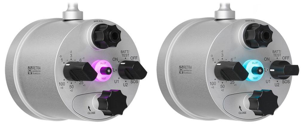 The Retra Prime’s LED indicator light position in center will display which shooting mode the strobe has been set on. In the image above, the magenta illumination (left) signifies that the strobe is set on it manual, whereas the cyan color (right) confirms the strobe is in TTL mode.