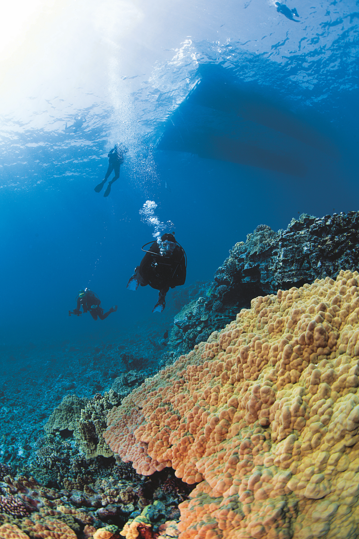 Divers and boat silouette at the Amphitheater, Kona, Hawaii